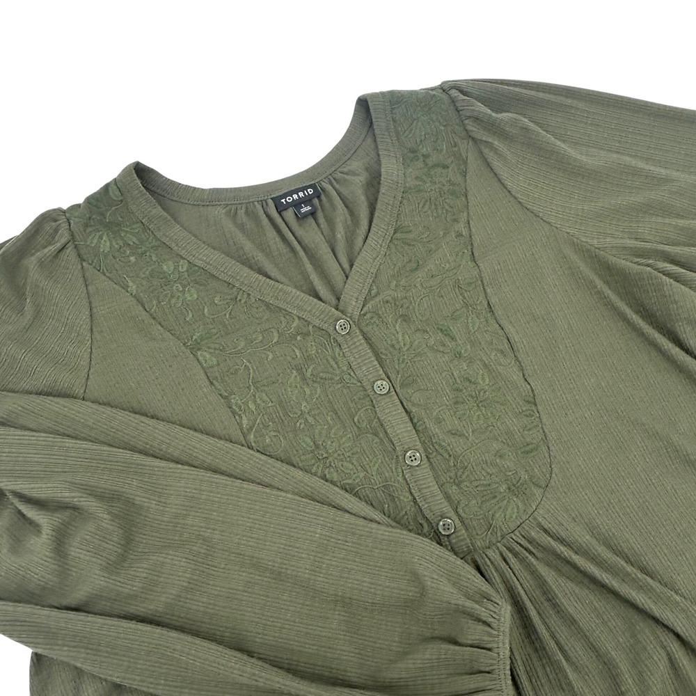 Torrid Olive Green Embroidered V-Neck Gauze Blouse Long Sleeve Plus Size 1 1X